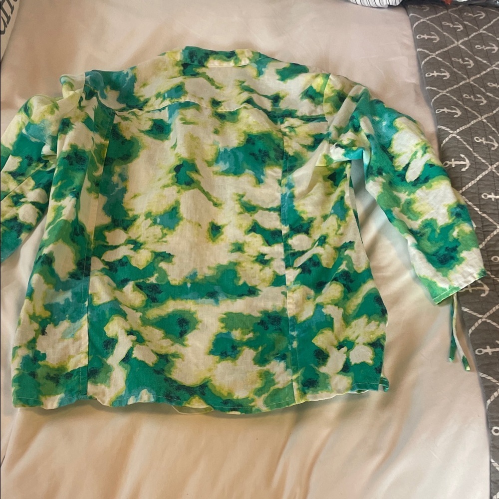 JM Collection Green and White Patterned Blouse 💯 Linen - Picture 6 of 6